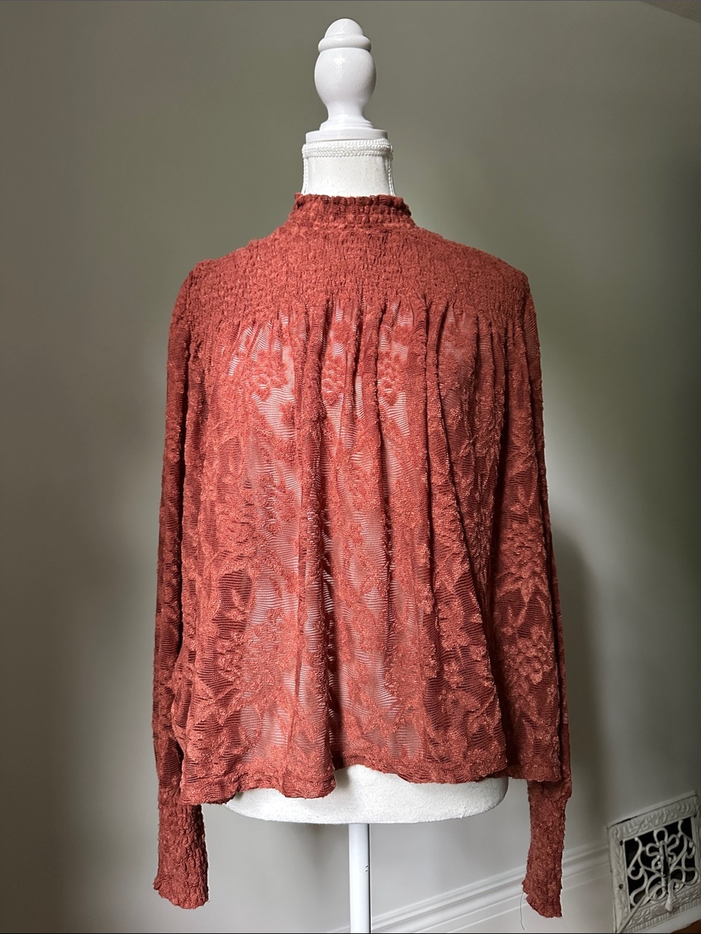 DELETTA Anthro Amanna Orange Mock Neck Smocked Lace Long Sleeve Medium